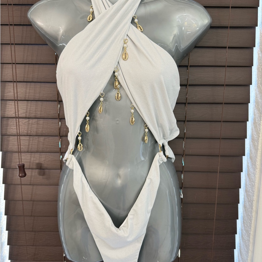 White Halter Cutout Swimsuit with Gold Accents